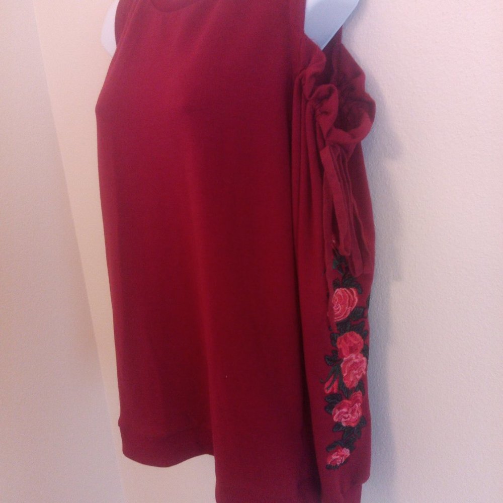 Umgee Small Cold Shoulder Rose Embroidered Shirt